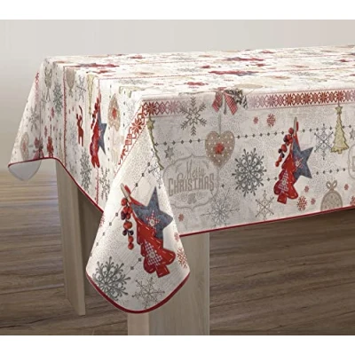 Image de Le linge de Jules Nappe Anti Taches Joyeux Noël Rectangle 150 x 200 cm Bordeaux, Taupe, Doré,