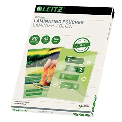 Image de Leitz, Pochettes de plastification, 80 microns, Format A4, Pack 100 pochettes, Finition Brillante, Haute qualité, pour toutes les plastifieuses à chaud A4 et A3, 33818