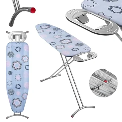Image de KADAX Table à Repasser Pliable 120 x 38 cm, Planche Ergonomique avec Housse en Coton et Pieds Ajustables pour Un Repassage Efficace (Bleu)