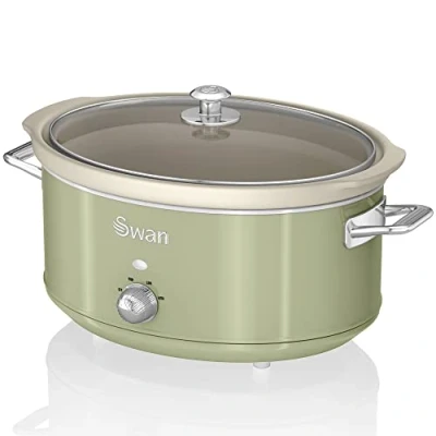 Image de Swan Retro SF17031GNEU Mijoteuse, Récipient de Cuisson Amovible 6,5 Litres, Slow Cooker, Céramique Antiadhésive sans PFOA ni PTFE, 3 Niveaux température, Design Vintage, Vert, 320W