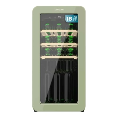 Image de Cecotec Cave a vin 18 Bouteilles Bolero GrandSommelier Origin Hit Green. à rétro, vert, bouteilles, NoFrost, 5 20 ºC, LED, compresseur, clayettes en bois