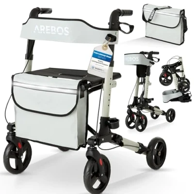 Image de Arebos Déambulateur Gris 4 Roues Pliable/Rollator Assise et dossier/max. 136 kg Réglable en hauteur avec Sac à Provisions