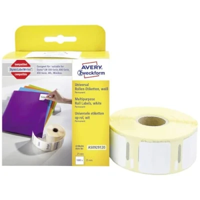 Image de AVERY Zweckform AS0929120 Lot de 1000 étiquettes autocollantes 25 x mm Compatible Dymo LabelWriter équivalent à S0929120, adhésif permanent, 1 rouleau Blanc