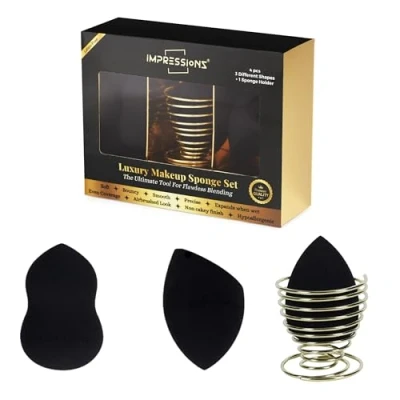 Image de ImpressionZ Top grade Makeup Sponge Set 3 Pcs Blending Sponges with 1 Holder Multi shape Cosmetic Applicator for Foundation, Liquid, Cream, and Powder Vegan &amp; Cruelty Free