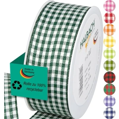 Image de Halbach Seidenbänder Ruban cadeau à carreaux vichy de qualité supérieure (vert foncé) Largeur 40 mm Longueur 25 m Fabriqué en Allemagne dans nombreuses couleurs