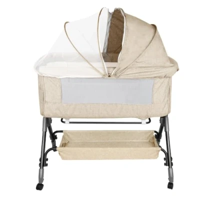 Image de Lit Bébé Cododo Berceau avec Matelas, Mode Bascule pour Bercer, Côté Repliable, Hauteur Réglable, Fenêtres en Filet, Roues et Sac de Voyage 0 24 Mois, 25 kg 104*52*100 110 cm blanc cassé