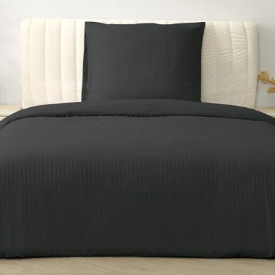 Image de Good Nite Parure de lit en Microfibre à Rayures 135 x 200 cm et 1 taie d&#039;oreiller 80 avec Fermeture éclair (Noir, + 1)