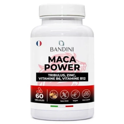 Image de Bandini® Maca POWER 60 Gélules Complément Alimentaire en à base de &amp; Tribulus avec Arginine + Zinc B6 B12 Stress, Système Immunitaire, Fatigue physique et mentale No OGM