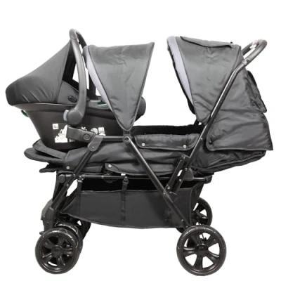 Image de BAMBISOL Poussette Double 2 en 1 pour Jumeaux dès la Naissance Cosy Siège Auto Gr0+ i Size Inclus, Pliable avec Habillage Pluie et Grand Panier Noir Gris Chiné