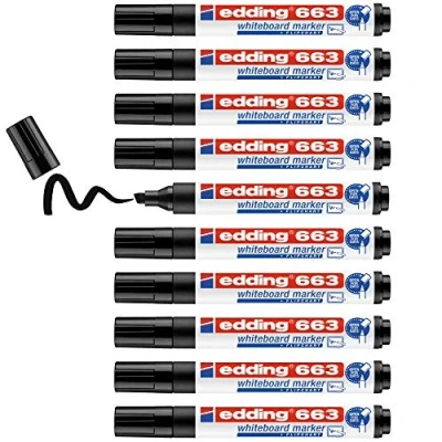 Image de edding 663 Marqueur pour tableaux blancs noir 10 stylos pointe biseautée 1 5 mm feutre effaçable tableaux, blanc, magnétique, mémo et chevalet de conférence sketchnotes rechargeable