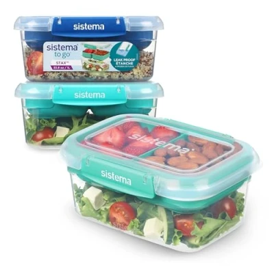 Image de Boîtes de conservation alimentaire antifuite Sistema TO GO Stax 1 L préparation avec couvercle, empilables &amp; hermétiques à repas pour l’école Sans BPA 3 unités
