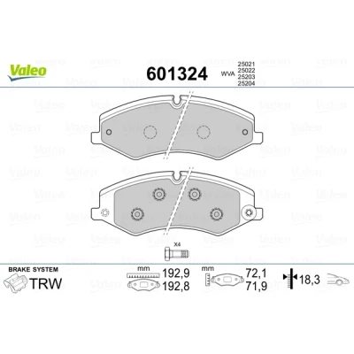 Image de VALEO 601324 Jeu de plaquettes frein Essieu avant contact signal d&#039;usure exclu avec kit vis fixation, tôle anti bruit coulisses