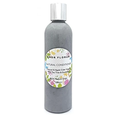 Image de 98,5% Naturel APRÈS SHAMPOOING COCO, CHARBON, VINAIGRE DE CIDRE POMME, MENTHE, ARBRE A THE &amp; EUCALYPTUS 250ml par AMOR FLORUM Sans Sulfate, Parabens. Doux, Concentré, pH 5.5 Équilibré.