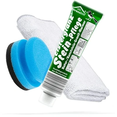 Image de detailmate Kit de polissage avec tube XXL 150ml Pâte à polir pour l&#039;entretien des pierres + chiffon microfibre éponge Nettoie, poli et conserve le granit marbre naturel/pierre artificielle