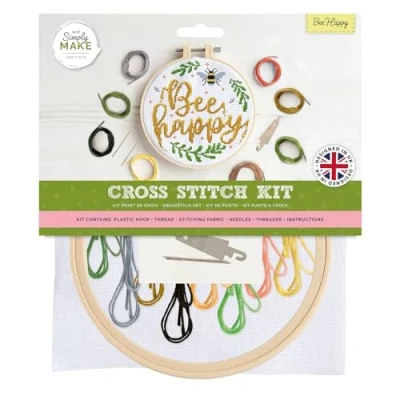 Image de Simply MAKE kit de point croix Bee Happy, multicolore, bricolage unique, kits pour adultes, couture et broderie travaux manuels, fils à broder inclus