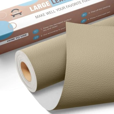 Image de Grand Kit Reparation Cuir, Simili Cuir Autocollant 40 x 80 cm, Patch de Réparation en Auto adhésif pour Sièges Auto, Canapés, Chaises, Transats, Bottes, Portefeuilles Kaki