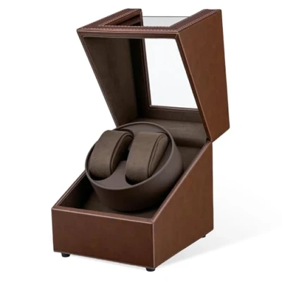 Image de Mcbazel Remontoir Montre Automatique Cuir Boîte de à Double Montre,Double Ecrins pour Montres Automatiques d&#039;unité Rotative Silencieux 2 Mode Rotation Marron
