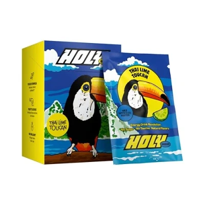 Image de Boîte d&#039;essai de 10 boosters jeu HOLY Energy “Thai Lime Toucan avec goût citron vert thaïlandais portions NewCaff &amp; extrait thé Focus Drink Vegan arômes naturels