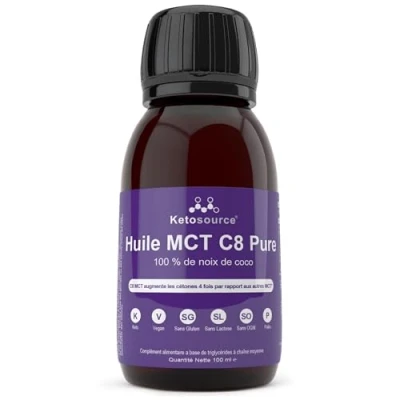 Image de Huile MCT Pure C8 Produit 4 fois plus de cétones que les autres huiles Pureté élevée 99%+ 100% noix coco Conforme au Keto et jeûne Bulletproof Café 100 ml Ketosource®