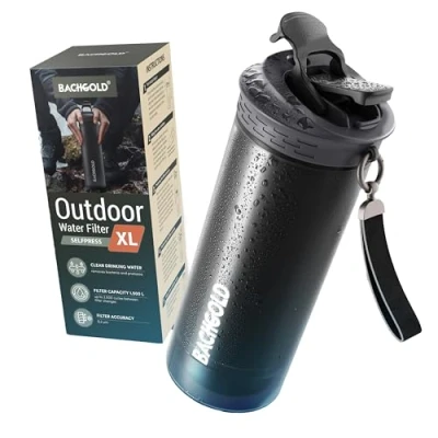 Image de Bachgold® gourde filtrante eau non potable XL [800 ml] avec une capacité de filtration 2000 L I élimine 99,99% des bactéries, virus, particules et métaux lourds, (Noir)