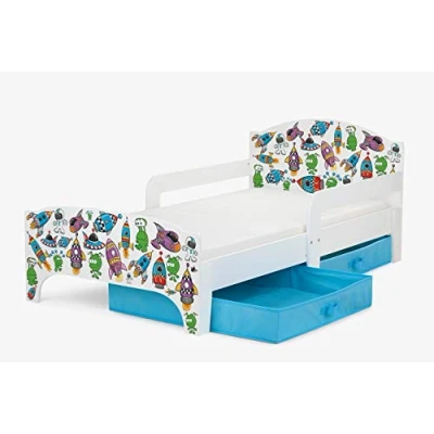 Image de Leomark Smart Moderne Lit d&#039;enfant Toddler 140x70 Blanche Simple avec Un Tiroir, pour Enfant Rangement et Matelas, Tiroir en Textile 2 Pièces