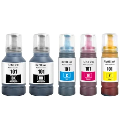 Image de SHUOLEI 101 Encre Compatible avec Epson Bouteille d&#039;encre Multipack pour EcoTank C13T03V14A C13T03V24A C13T03V34A L4150 L4160 L6160 L6170 L6190(5 Pack,2 Pigment Noir/Cyan/Magenta/Jaune)