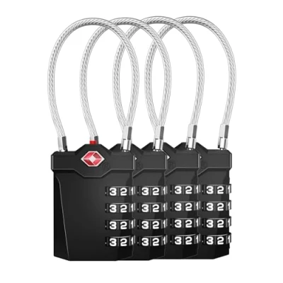 Image de ZHEGE Cadenas TSA Valise Avion,Cadenas Code 4 chiffres avec Alarme d&#039;ouverture, Casier de Câble Gymnastique (4 Pièces, Noir)