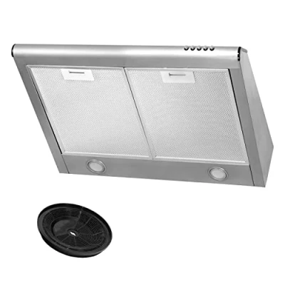 Image de Hotte aspirante + filtre à charbon actif Extraction/recirculation d&#039;air Largeur 60 cm Couleur : argent Corps en acier inoxydable Eclairage