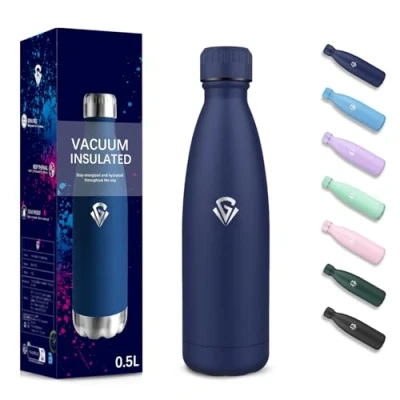 Image de Gourde, 500 ml Sans BPA, Gourde Isotherme, Isolation Sous Vide à Double Paroi, Bouteille 304 Acier Inoxydable, Inoxydable pour École, Voyage, Marcher, Jogging Bleu foncé