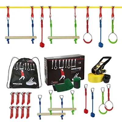 Image de ALPIDEX Enfants Ninja Slackline 15 m Obstacles Parcous Set Nœuds Echelle Corde Balançoire Échelle Escalade Accessoires Extensible Warrior Course Jardin, Stil:Basic