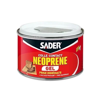 Image de Sader Colle Contact Néoprène Gel Extra Forte Tous Matériaux Prise Immédiate Idéale pour Supports Poreux ou Verticaux Spatule Incluse Boîte de 250 ml