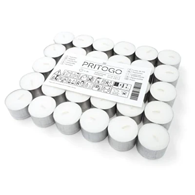 Image de Pritogo Bougies chauffe plat (30 pièces) blanches, non parfumées, couvercle en aluminium Ø 3,8 * 2,5 cm, sans suie, durée de combustion : 8 heures