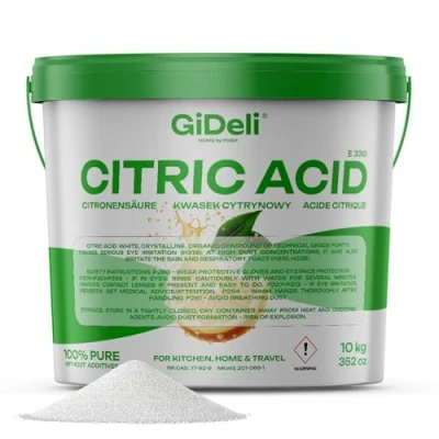 Image de GiDeli Acide citrique de qualité alimentaire en poudre monohydraté 10 000 g cristaux E330 purs nettoyage, détartrant, acidifiant non sucré dans un seau refermable kg