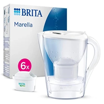 Image de BRITA Carafe Filtrante Marella Blanche (2,4l) incl 6 cartouches filtre eau robinet MAXTRA PRO All in 1 réduit PFAS,calcaire, chlore, certaines impuretés et métaux indicateur temporel, éco emballage
