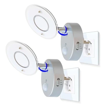 Image de Trango Paquet de 2 Veilleuse à capteur LED TG2634 024 en argent avec fonction automatique directe 230V détecteur mouvement Lampe sécurité douille Applique murale d&#039;orientation