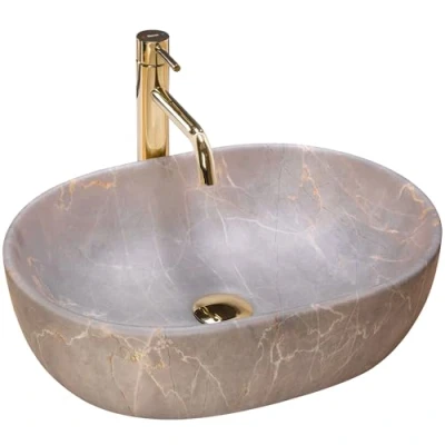 Image de Rea Vasque à Poser Lara Beige, Ovale, En Céramique, Imitation Pierre, pour Salle De Bain, Couleur Beige Champagne, 48 x 35 cm, Idéale comme Lave Main ou Lavabo WC,