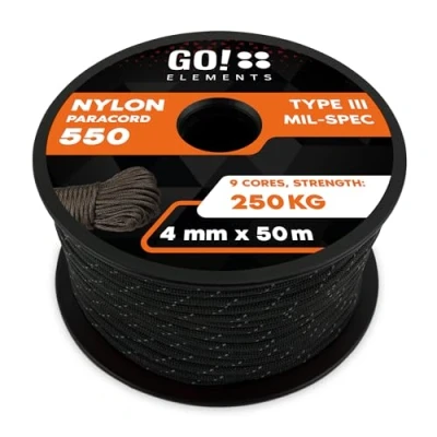 Image de GO!elements 50m Paracorde en Ficelle Nylon 4mm 550 Typ III Corde approprié Fil de Peche Nylon, Filet éthologique, etc. Max. 250kg, Coleur: Noir réfléchissant