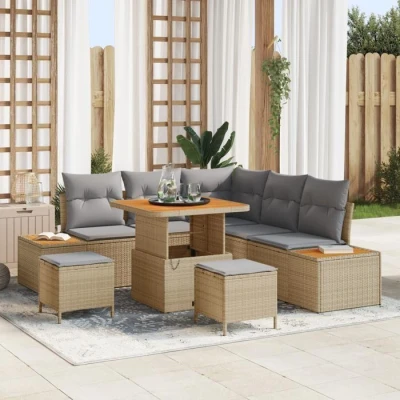 Image de Ensemble de canapé jardin vidaXL 8 pièces avec coussins Beige Poly Rattan Acacia 3362912