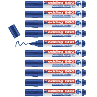 Image de edding 660 Marqueur pour tableaux blancs bleu 10 stylos pointe ronde 1,5 3 mm feutre effaçable blanc, magnétique, mémo et chevalet de conférence sketchnotes rechargeable