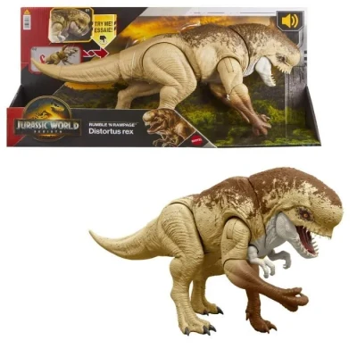 Image de Mattel Jurassic World Rebirth Distortus Rex Rumble N Rampage Figurine d&#039;action dinosaure 55,9 cm avec 2 actions d&#039;attaque, contenu précis, jeu numérique