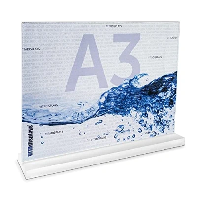 Image de VITAdisplays Lot de 2 présentoirs publicitaires DIN A3 en format paysage avec base Plexiglas massif et satinée, support T comme table.