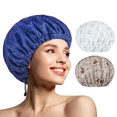 Image de WINSTECK Lot de 3 bonnets douche pour femme, confortable, extra large et double couche, imperméable, bonnet bain surdimensionné avec ourlet réglable toutes les longueurs/styles cheveux