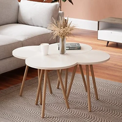 Image de [en.casa] Set de 4 Tables Basses Emboîtables d&#039;Appoint pour Salon Chambre Panneau Particules Bois Hêtre 48 x 77 cm Blanc Naturel