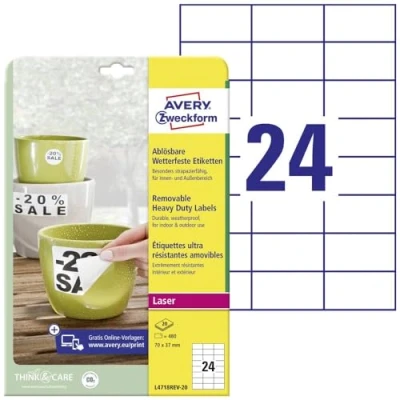 Image de Avery Zweckform étiquette 70 x 37 mm résistant aux intempéries, WS 20blatt 480st ablã ¶ Sbar
