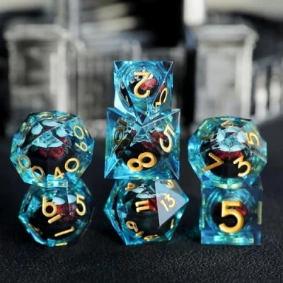 Image de Set de Dés DND Globe Oculaire du Crâne Résine Polyédriques Tranchant Bord 7 pièces Faits à la Main pour Donjons D4 D6 D8 D10 D12 D20 D% et Dragons RPG Jeu Role avec Boîte Cadeau