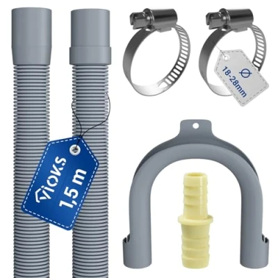 Image de VIOKS Kit Tuyau d&#039;évacuation flexible pour lave vaisselle 1,5 m 19/22 mm de diamètre + 2 colliers serrage en acier inoxydable 18 28 1 raccord coude fixation