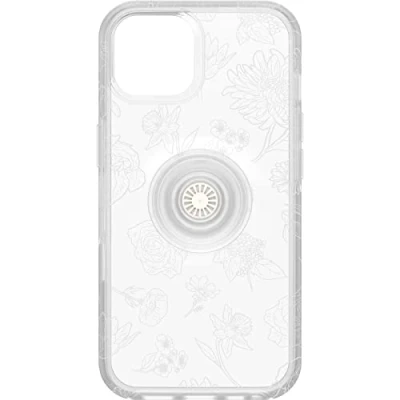 Image de OtterBox Coque transparente pour iPhone 14 et 13 Otter + Pop Symmetry Series Fleur du mois (transparente), PopSockets PopGrip intégrée, fine, adaptée à la poche, bords surélevés protéger