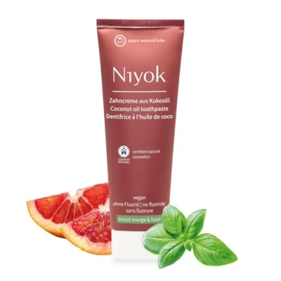 Image de Niyok® Dentifrice à l&#039;huile de coco bio &quot;Orange Sanguine &amp; Basilic&quot; (75 ml) naturel pour des dents blanches Soin intensif fraîcheur Protège les gencives Sans fluor vegan