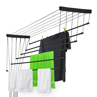 Image de KADAX Etendoir a Linge au Plafond avec Tiges en Acier, Pratique Systeme de Sechage Suspended pour Maximiser l&#039;espace Interieur (Noir, 6 x 160 cm)