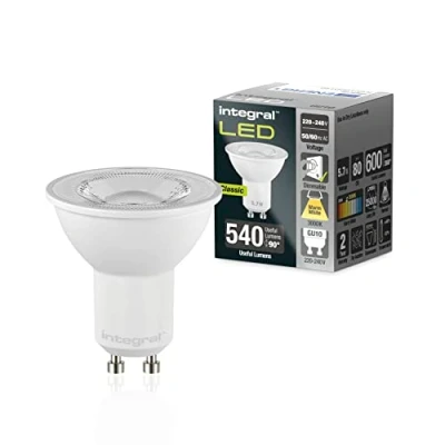 Image de Integral Ampoule LED GU10 5 PACK blanc chaud 3000K, 600LM, 5,7W (équivalent à 75W) dimmable Efficace en énergie et idéale pour les spots projecteurs dans salles de bains, cuisines, salons